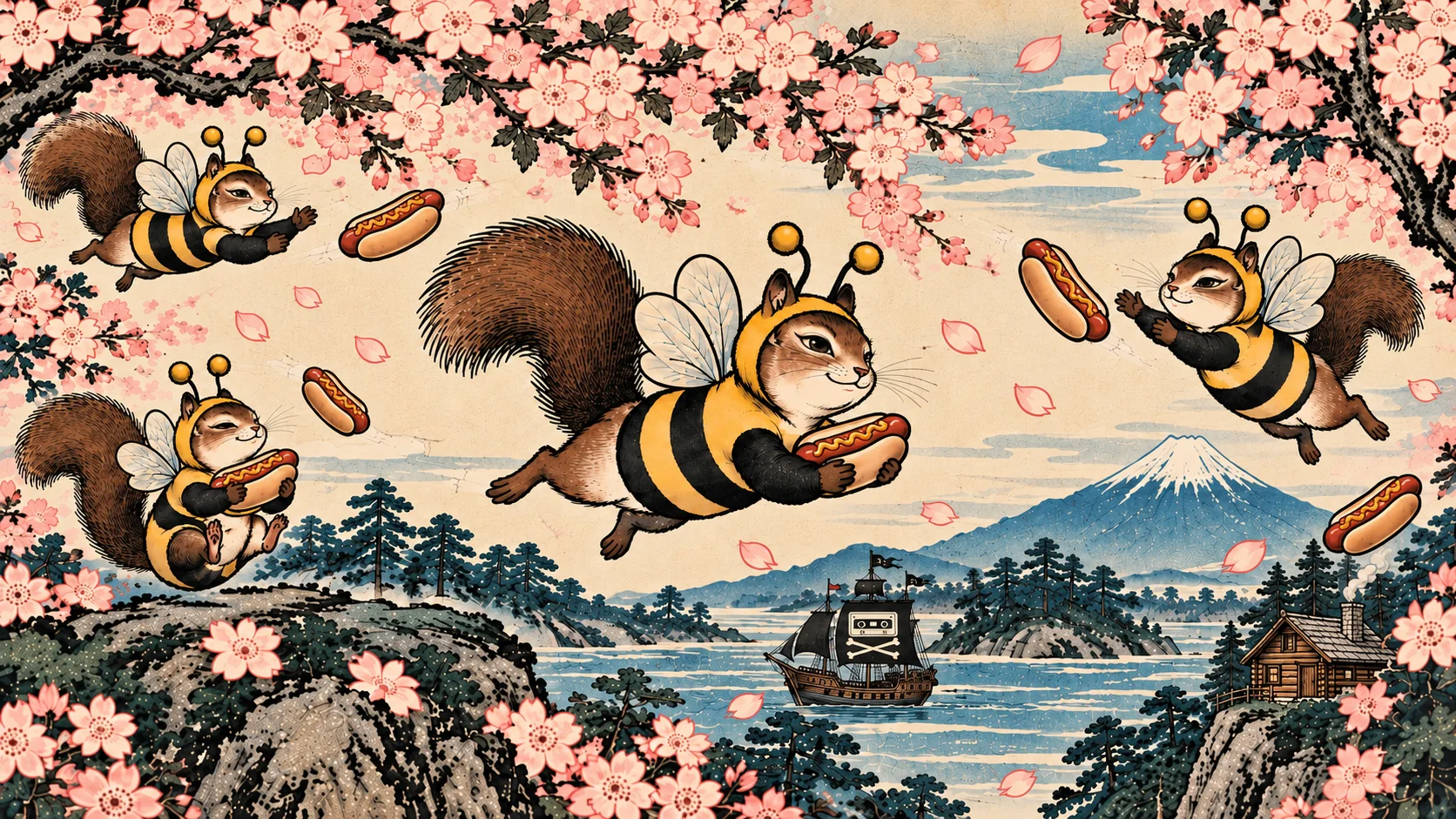 Stinging Hotdog banner artwork featuring flying bee squirrels, floating hot dogs, cherry blossoms, Mount Fuji, and a VHS-themed ship.