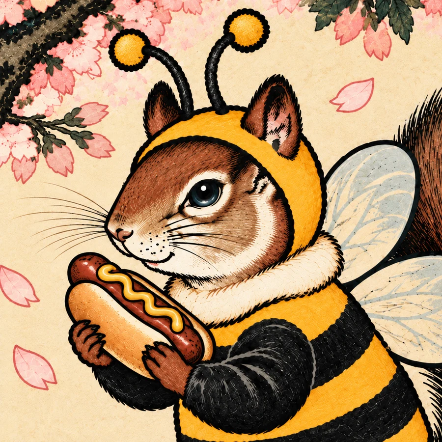 Stinging Hotdog mascot: a squirrel dressed like a bee holding a hot dog.